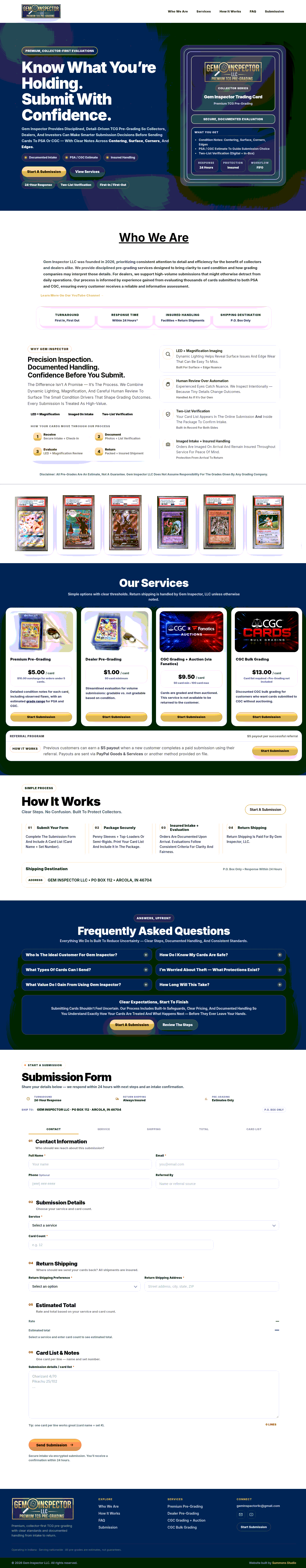 Gem Inspector website — TCG pre-grading with a plain-language process and pricing